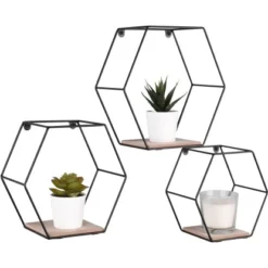 Mirrors & More Metall-Wandregal-Set 6-Eckig Sarah Mit Holz -Wenko Astra Geschaft 4251820303840 11006800 05