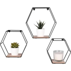 Mirrors & More Metall-Wandregal-Set 6-Eckig Sarah Mit Holz -Wenko Astra Geschaft 4251820303840 11006800 06