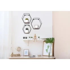 Mirrors & More Metall-Wandregal-Set 6-Eckig Sarah Mit Holz -Wenko Astra Geschaft 4251820303840 11006800 07